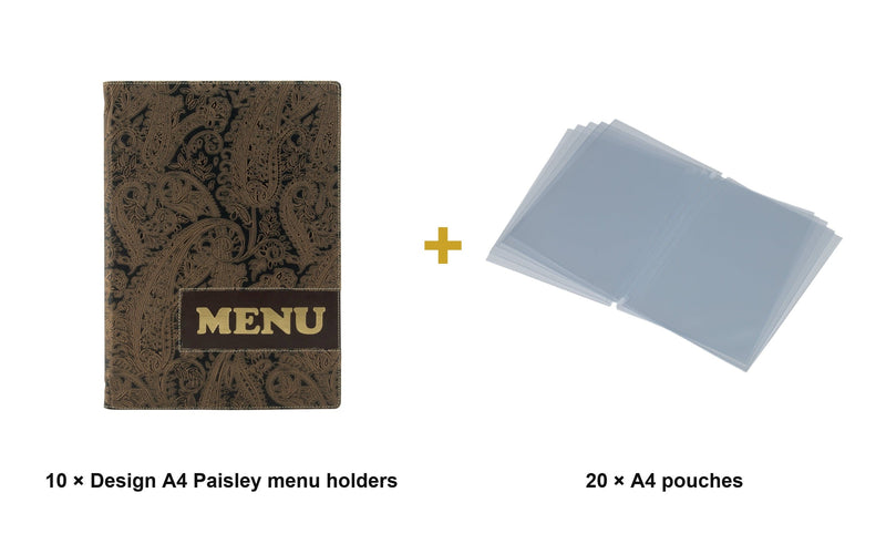 Load image into Gallery viewer, Securit Menu Set - Design A4 Paisley - 10 Menu Holders + 20 Extra Pouches - what is in the set
