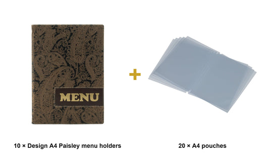 Securit Menu Set - Design A4 Paisley - 10 Menu Holders + 20 Extra Pouches - what is in the set