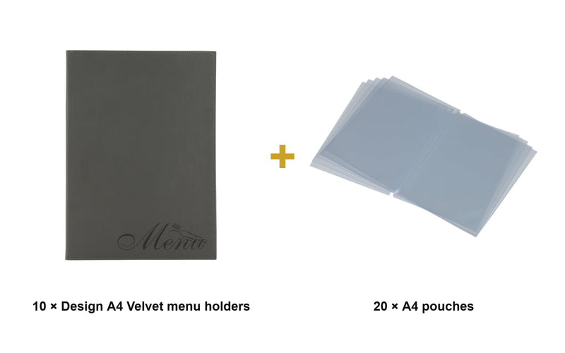Load image into Gallery viewer, Securit Menu Set - Design A4 Velvet - 10 Menu Holders + 20 Extra Pouches - what is in the set
