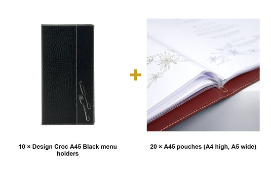 Securit Menu Set - Design Croc A45 Black - 10 Menu Holders + 20 Extra Pouches - what is in the set