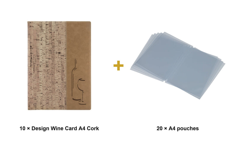 Load image into Gallery viewer, Securit Menu Set - Design Wine Card A4 Cork - 10 Menu Holders + 20 Extra Pouches - what is in the set
