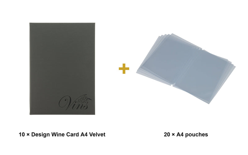 Load image into Gallery viewer, Securit Menu Set - Design Wine Card A4 Velvet - 10 Menu Holders + 20 Extra Pouches - what is in the set
