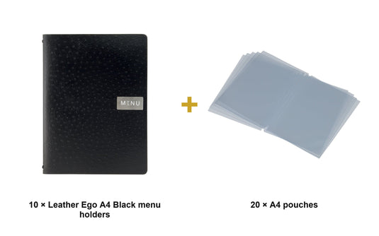 Securit Menu Set - Leather Ego A4 Black - 10 Menu Holders + 20 Extra Pouches - what is in the set