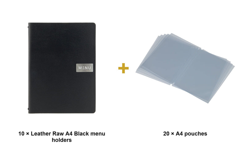 Load image into Gallery viewer, Securit Menu Set - Leather Raw A4 Black - 10 Menu Holders + 20 Extra Pouches - what is in the set
