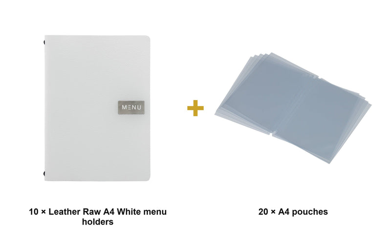Load image into Gallery viewer, Securit Menu Set - Leather Raw A4 White - 10 Menu Holders + 20 Extra Pouches - what is in the set
