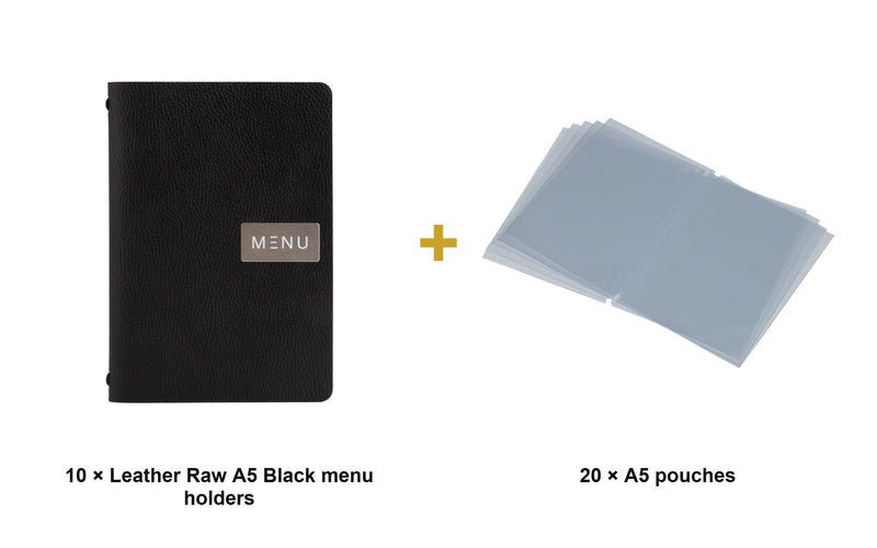 Load image into Gallery viewer, Securit Menu Set - Leather Raw A5 Black - 10 Menu Holders + 20 Extra Pouches - what is in the set
