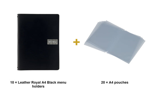 Securit Menu Set - Leather Royal A4 Black - 10 Menu Holders + 20 Extra Pouches - what is in the set
