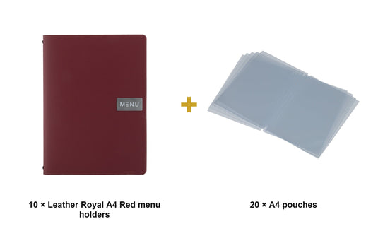 Securit Menu Set - Leather Royal A4 Red - 10 Menu Holders + 20 Extra Pouches - what is in the set