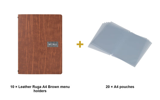 Securit Menu Set - Leather Ruga A4 Brown - 10 Menu Holders + 20 Extra Pouches - what is in the set