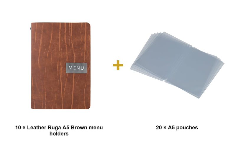 Load image into Gallery viewer, Securit Menu Set - Leather Ruga A5 Brown - 10 Menu Holders + 20 Extra Pouches - what is in the set
