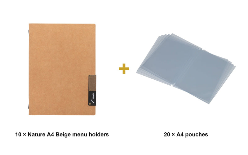 Load image into Gallery viewer, Securit Menu Set - Nature A4 Beige - 10 Menu Holders + 20 Extra Pouches - what is in the set
