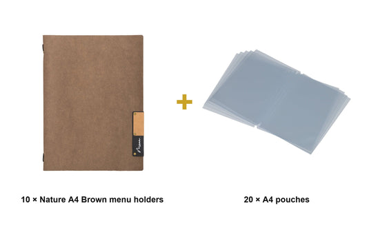 Securit Menu Set - Nature A4 Brown - 10 Menu Holders + 20 Extra Pouches - what is in the set