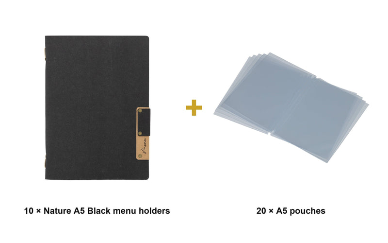 Load image into Gallery viewer, Securit Menu Set - Nature A5 Black - 10 Menu Holders + 20 Extra Pouches - what is in the set
