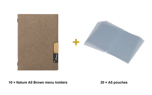 Securit Menu Set - Nature A5 Brown - 10 Menu Holders + 20 Extra Pouches - what is in the set