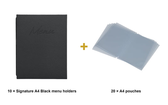 Securit Menu Set - Signature A4 Black - 10 Menu Holders + 20 Extra Pouches - what is in the set