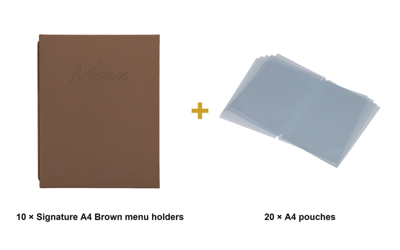 Load image into Gallery viewer, Securit Menu Set - Signature A4 Brown - 10 Menu Holders + 20 Extra Pouches - what is in the set
