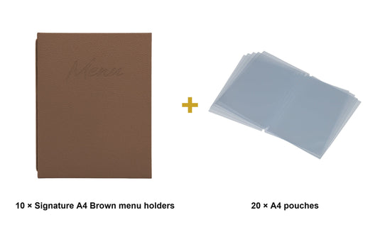Securit Menu Set - Signature A4 Brown - 10 Menu Holders + 20 Extra Pouches - what is in the set
