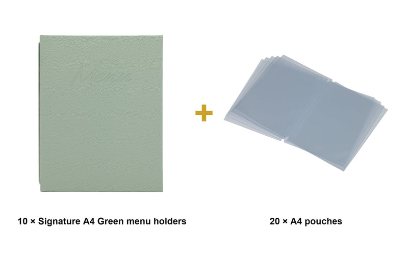 Load image into Gallery viewer, Securit Menu Set - Signature A4 Green - 10 Menu Holders + 20 Extra Pouches - what is in the set

