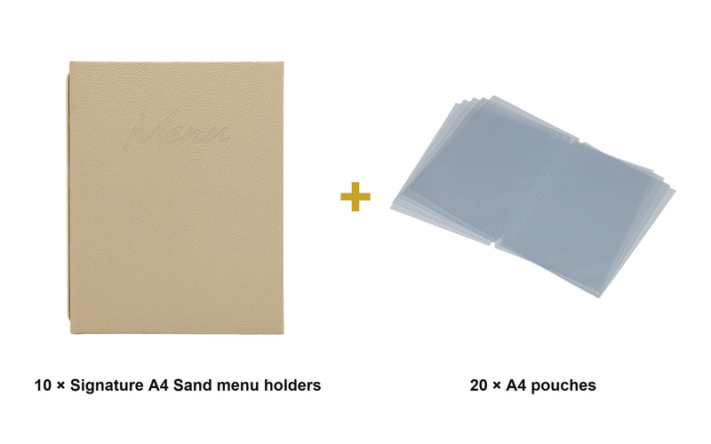 Load image into Gallery viewer, Securit Menu Set - Signature A4 Sand - 10 Menu Holders + 20 Extra Pouches - what is in the set
