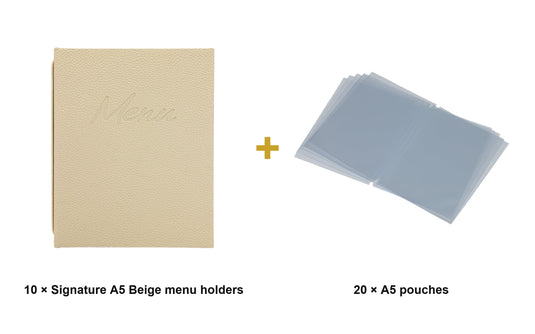 Securit Menu Set - Signature A5 Beige - 10 Menu Holders + 20 Extra Pouches - what is in the set