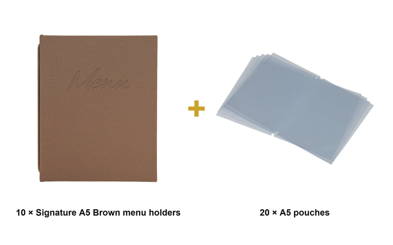 Load image into Gallery viewer, Securit Menu Set - Signature A5 Brown - 10 Menu Holders + 20 Extra Pouches - what is in the set
