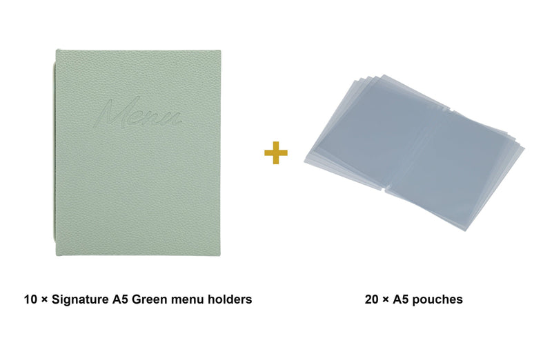 Load image into Gallery viewer, Securit Menu Set - Signature A5 Green - 10 Menu Holders + 20 Extra Pouches - what is in the set
