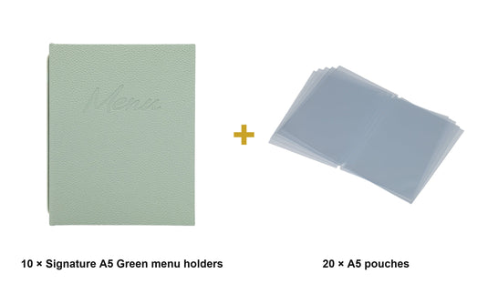 Securit Menu Set - Signature A5 Green - 10 Menu Holders + 20 Extra Pouches - what is in the set