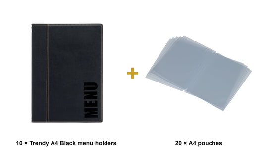 Securit Menu Set - Trendy A4 Black - 10 Menu Holders + 20 Extra Pouches - what is in the set