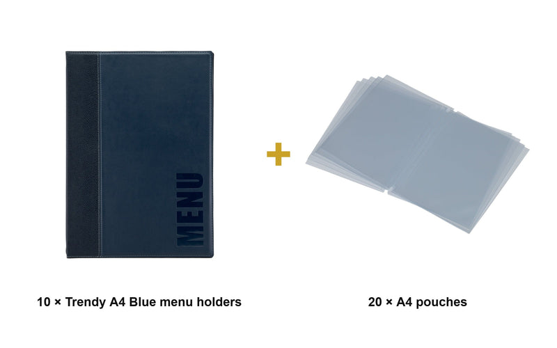 Load image into Gallery viewer, Securit Menu Set - Trendy A4 Blue - 10 Menu Holders + 20 Extra Pouches - what is in the set
