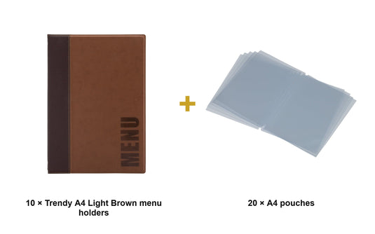 Securit Menu Set - Trendy A4 Light Brown - 10 Menu Holders + 20 Extra Pouches - what is in the set