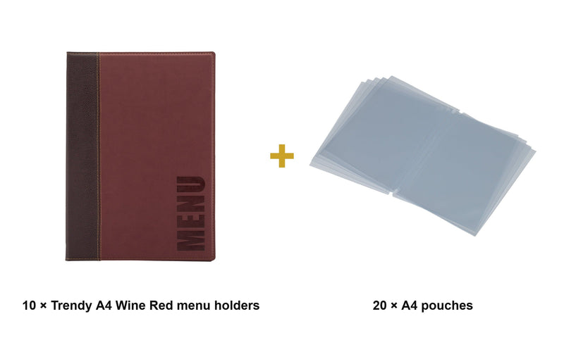 Load image into Gallery viewer, Securit Menu Set - Trendy A4 Wine Red - 10 Menu Holders + 20 Extra Pouches - what is in the set

