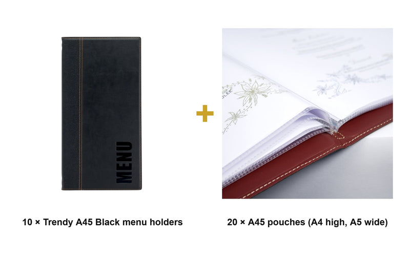 Load image into Gallery viewer, Securit Menu Set - Trendy A45 Black - 10 Menu Holders + 20 Extra Pouches - what is in the set
