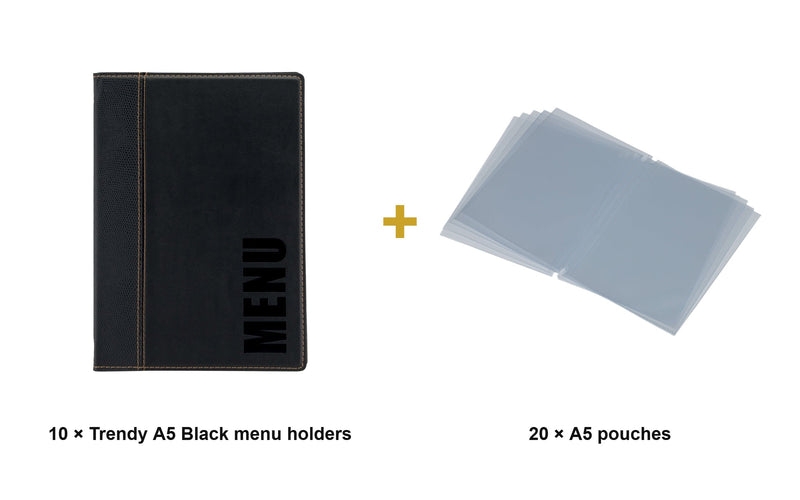 Load image into Gallery viewer, Securit Menu Set - Trendy A5 Black - 10 Menu Holders + 20 Extra Pouches - what is in the set
