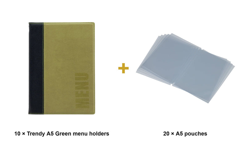 Load image into Gallery viewer, Securit Menu Set - Trendy A5 Green - 10 Menu Holders + 20 Extra Pouches - what is in the set
