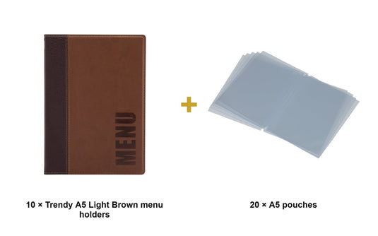 Securit Menu Set - Trendy A5 Light Brown - 10 Menu Holders + 20 Extra Pouches - what is in the set