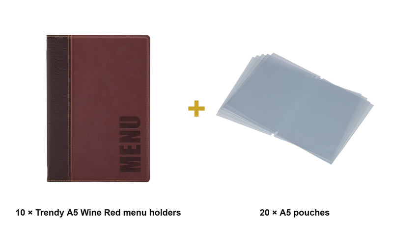 Load image into Gallery viewer, Securit Menu Set - Trendy A5 Wine Red - 10 Menu Holders + 20 Extra Pouches - what is in the set
