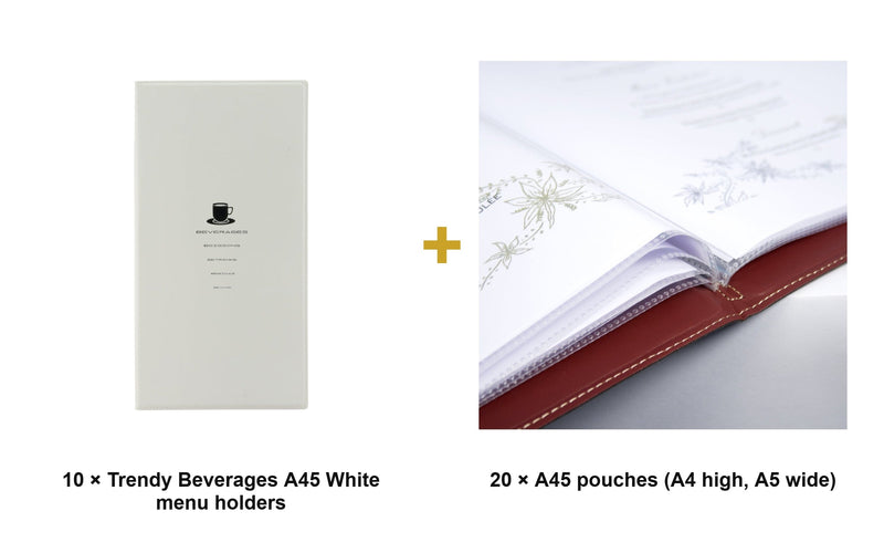 Load image into Gallery viewer, Securit Menu Set - Trendy Beverages A45 White - 10 Menu Holders + 20 Extra Pouches - what is in the set
