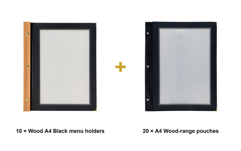 Load image into Gallery viewer, Securit Menu Set - Wood A4 Black - 10 Menu Holders + 20 Extra Pouches - what is in the set
