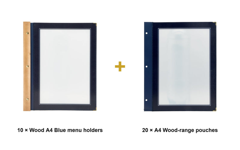 Load image into Gallery viewer, Securit Menu Set - Wood A4 Blue - 10 Menu Holders + 20 Extra Pouches - what is in the set
