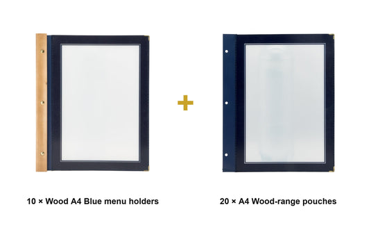 Securit Menu Set - Wood A4 Blue - 10 Menu Holders + 20 Extra Pouches - what is in the set