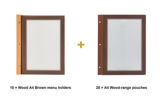Securit Menu Set - Wood A4 Brown - 10 Menu Holders + 20 Extra Pouches - what is in the set