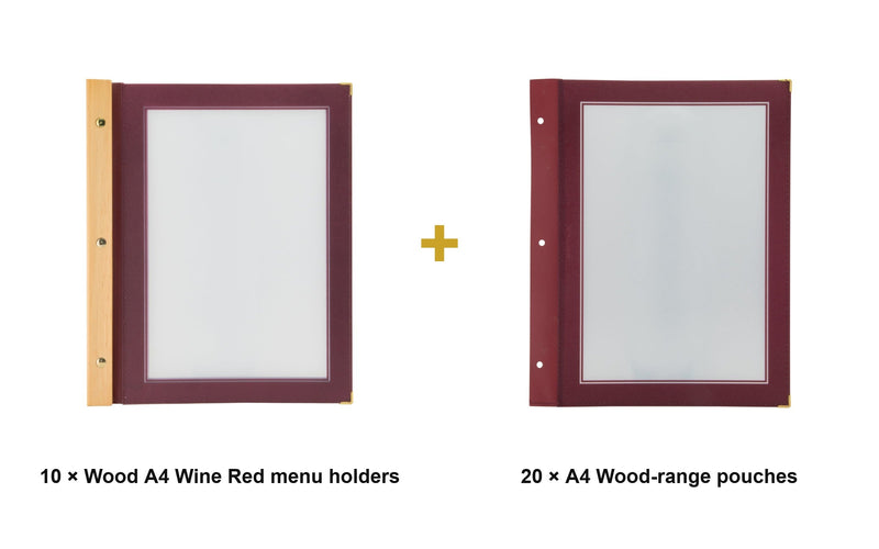Load image into Gallery viewer, Securit Menu Set - Wood A4 Wine Red - 10 Menu Holders + 20 Extra Pouches - what is in the set
