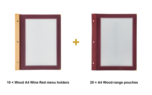 Securit Menu Set - Wood A4 Wine Red - 10 Menu Holders + 20 Extra Pouches - what is in the set