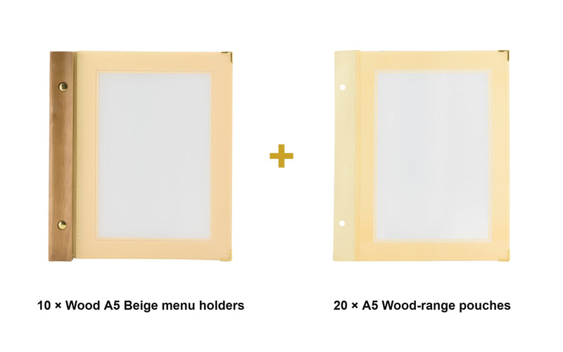 Load image into Gallery viewer, Securit Menu Set - Wood A5 Beige - 10 Menu Holders + 20 Extra Pouches - what is in the set
