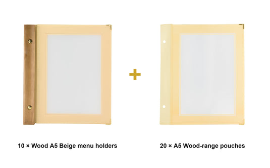 Securit Menu Set - Wood A5 Beige - 10 Menu Holders + 20 Extra Pouches - what is in the set
