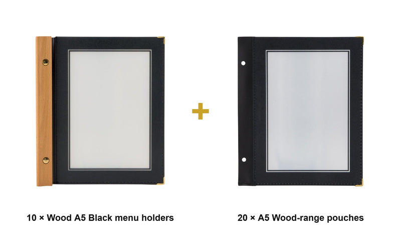 Load image into Gallery viewer, Securit Menu Set - Wood A5 Black - 10 Menu Holders + 20 Extra Pouches - what is in the set
