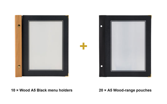 Securit Menu Set - Wood A5 Black - 10 Menu Holders + 20 Extra Pouches - what is in the set