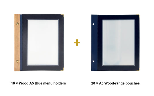 Securit Menu Set - Wood A5 Blue - 10 Menu Holders + 20 Extra Pouches - what is in the set