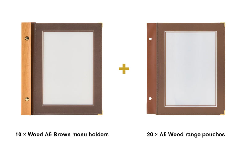 Load image into Gallery viewer, Securit Menu Set - Wood A5 Brown - 10 Menu Holders + 20 Extra Pouches - what is in the set
