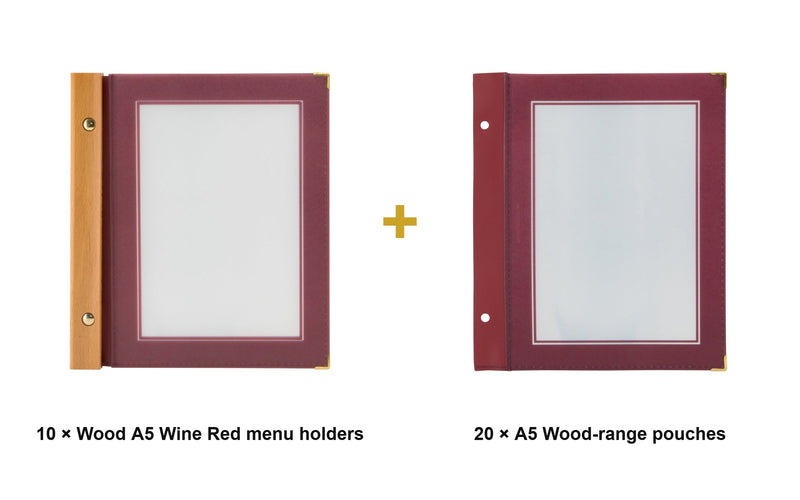 Load image into Gallery viewer, Securit Menu Set - Wood A5 Wine Red - 10 Menu Holders + 20 Extra Pouches - what is in the set
